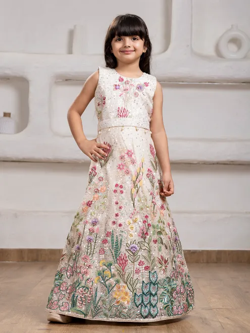 White net jacket gown with sequins zari work