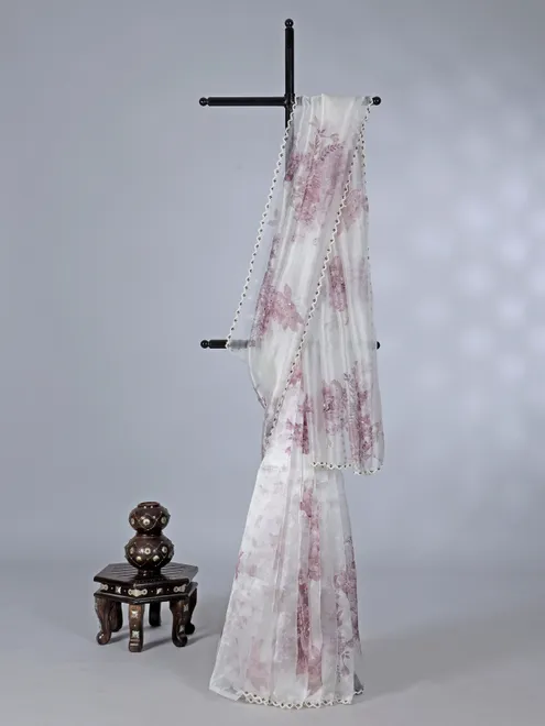 White onion pink floral organza saree with beaded embellishments