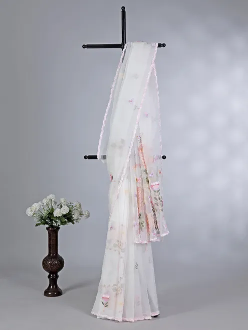 White organza saree with embroidery