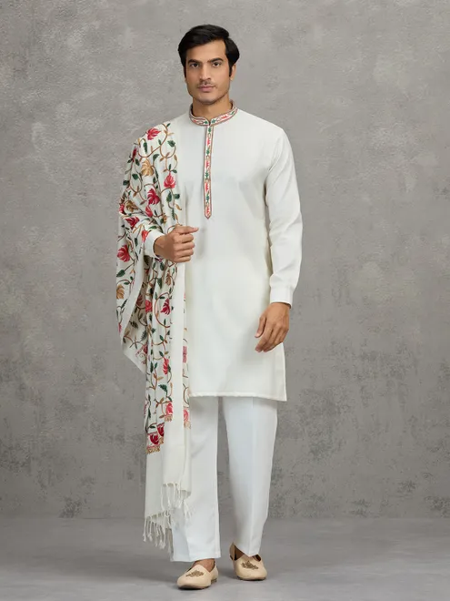 White pashmina silk traditional festive kurta suit with dupatta