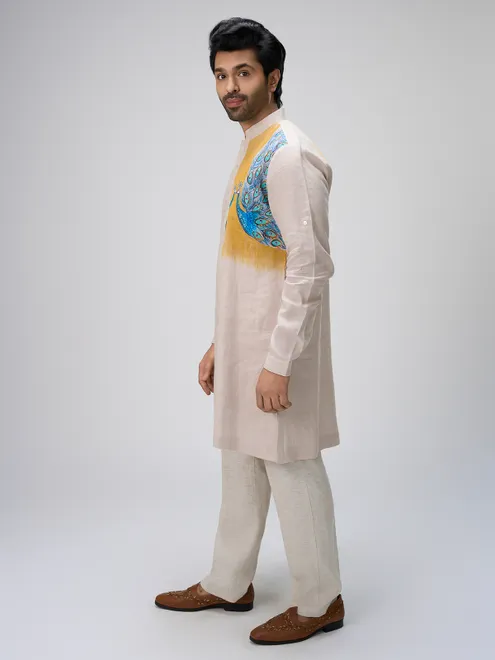 White peacock design linen kurta pajama