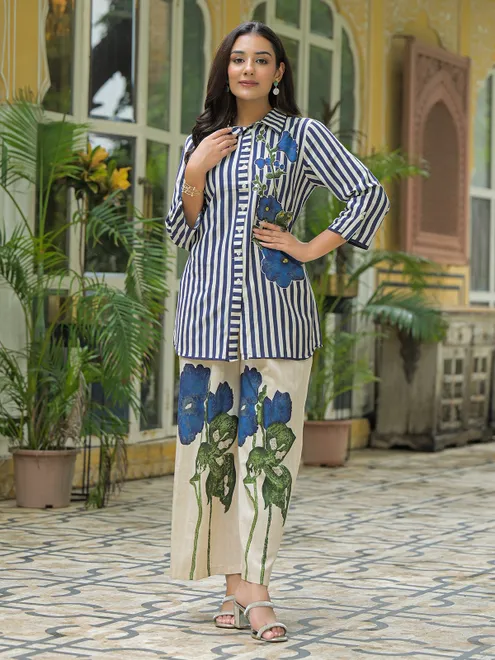 White printed cotton co ord set for casual