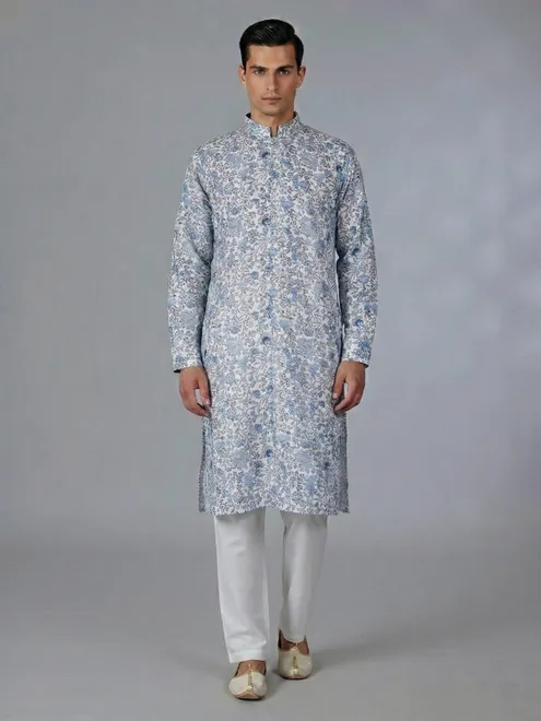 White printed cotton kurta suit with classic chinese collar