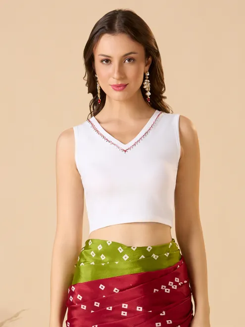 White printed cotton lycra sleeveless ready made blouse