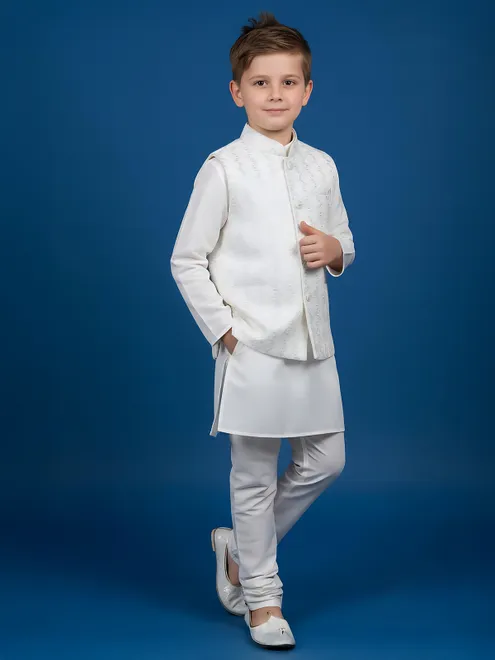 White printed cotton silk waistcoat churidar set