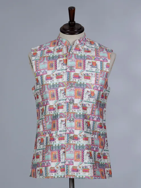 White printed cotton silk waistcoat for wedding