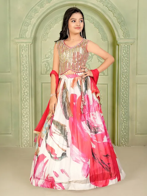 White printed georgette lehenga choli with dupatta