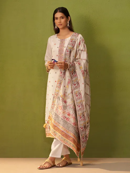White printed silk kurti set for women