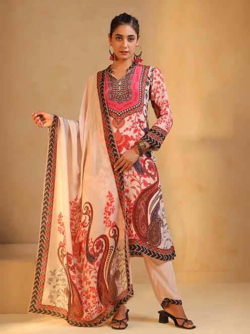White printed silk salwar suit with mirror work