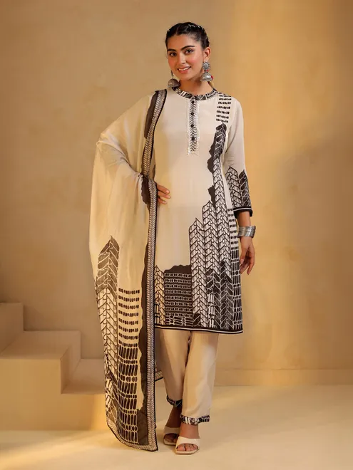 White printed silk salwar suit with sequins work