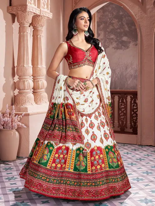 White printed silk sweetheart sleeveless lehenga choli