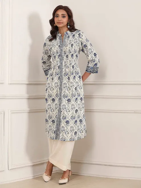 White printed straight cut kurti with thread work