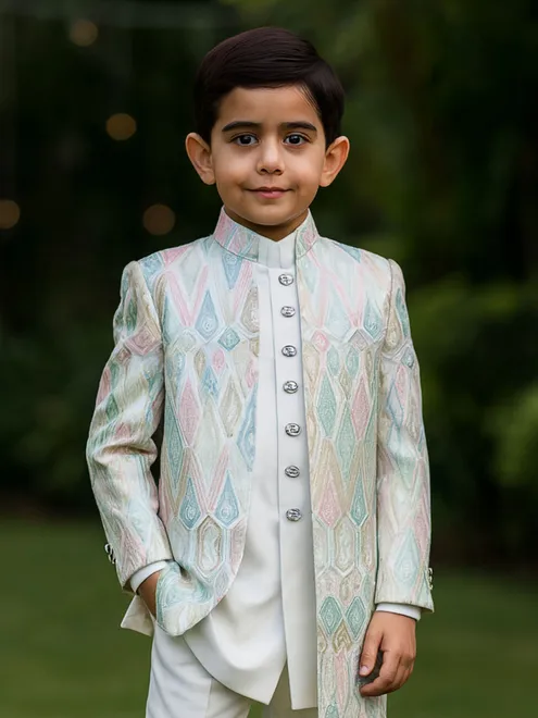 White printed terry rayon indowestern suit for boys