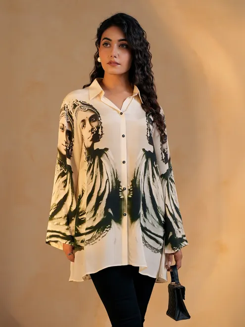 White printed women shirt in crepe silk