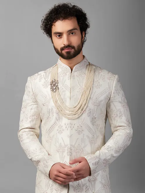 White raw silk embellished sherwani