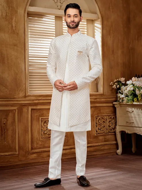 White raw silk jacket with sequins and zari work