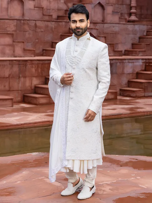 White raw silk peshwai style sherwani for groom