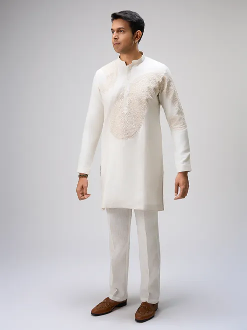 White resham embroidered linen kurta ensemble