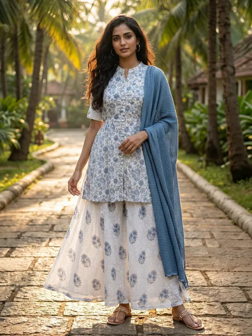 White sapphire blue cotton palazzo suit
