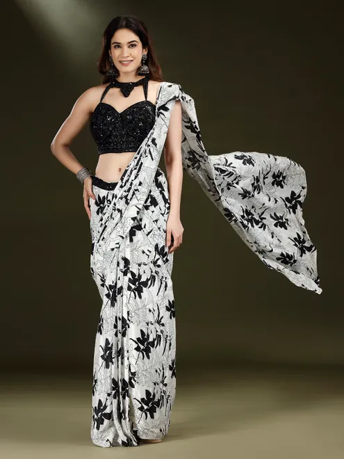 White satin silk designer ready to wear saree