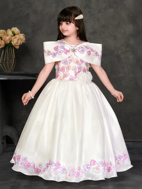 White satin silk embroidered designer gown