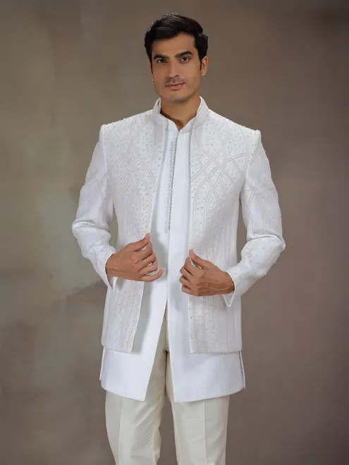 White silk bandhgala indo western