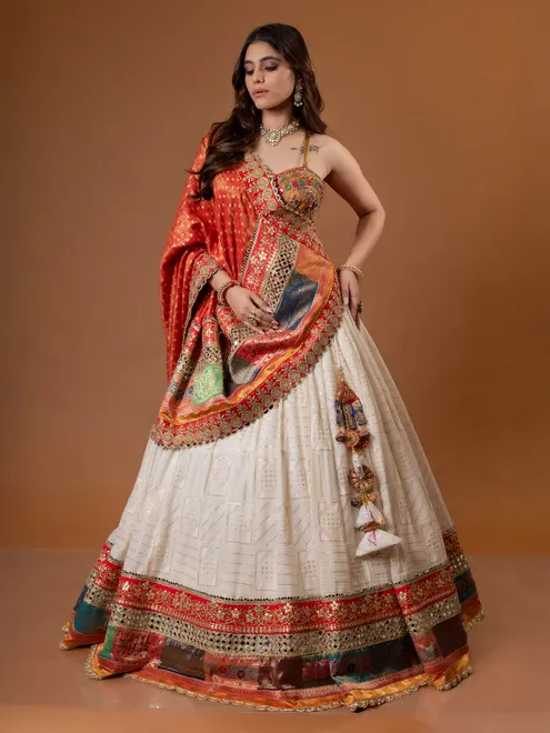 White silk embellished festive chaniya choli