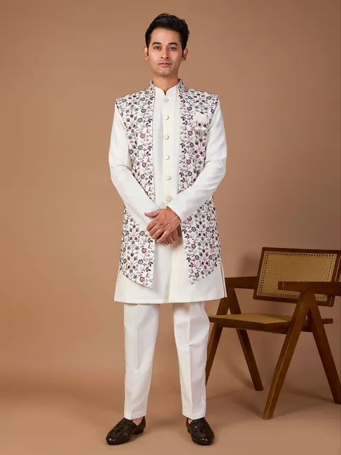 White silk embroidered indowestern set with brooch