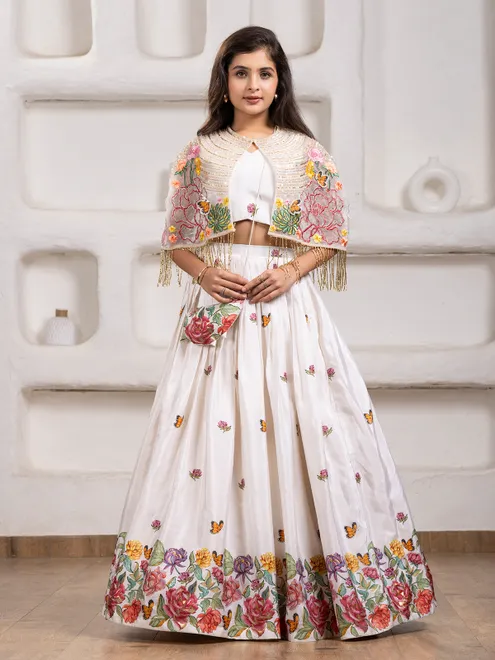 White silk lehenga choli with mirror and beads work