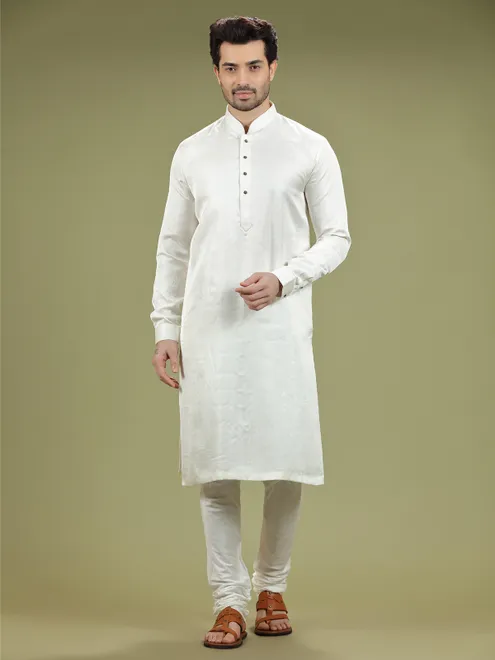 White silk plain  Men Kurta pajama