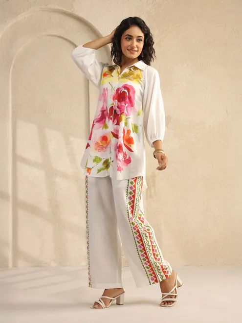 White silk printed co ord set with quarter sleeves