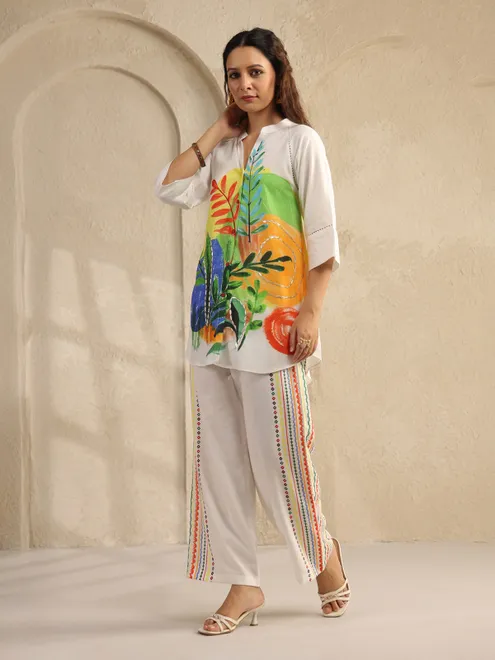 White silk printed co ord set with sequins work