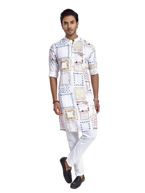 White silk printed festive kurta for mens