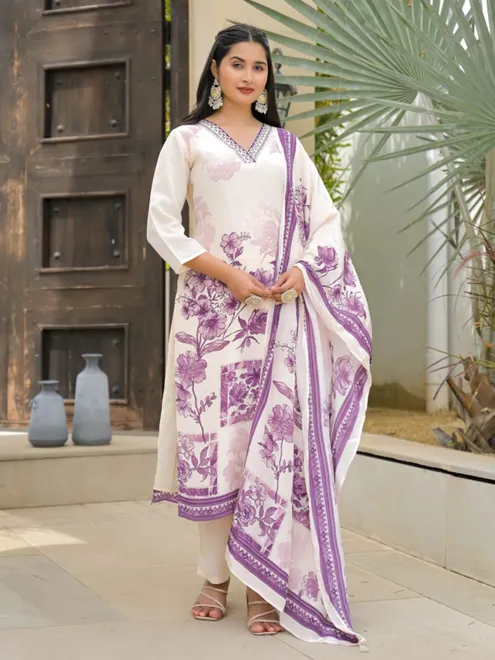 White silk printed kurti set with dupatta for women