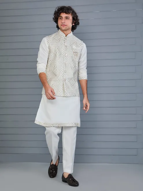 White rayon cotton resham and sequin waistcoat set