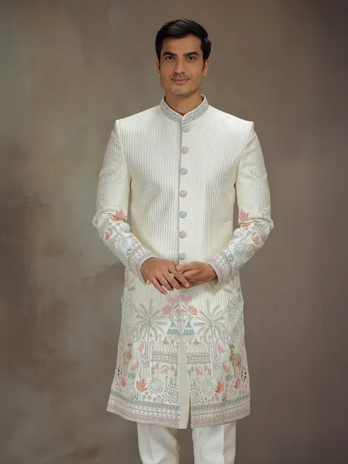 White silk threaded indo western
