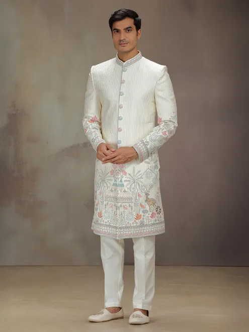 White silk threaded indo western