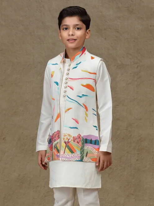 White silk waistcoat set with embroidery for boys