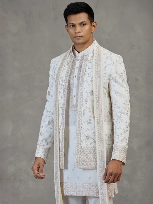 White silk wedding Indowestern set with dupatta