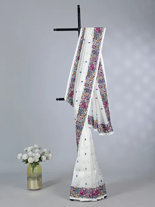 White tissue saree with intricate embroidery