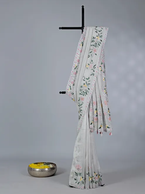 White tissue silk saree with beads and embroidery