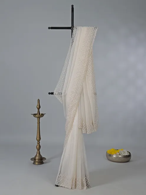White tissue silk saree with diamond work