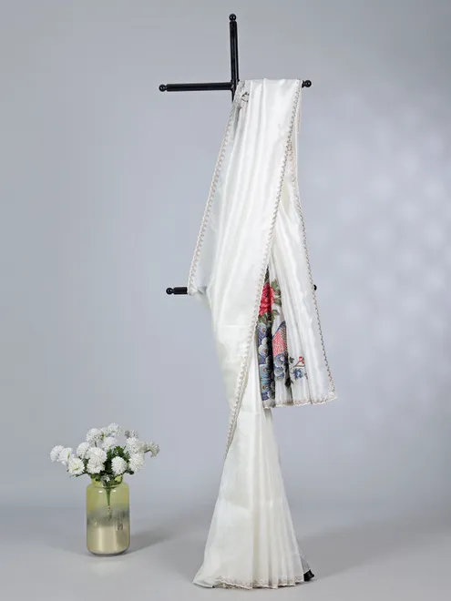 White tissue silk saree with peacock embroidery
