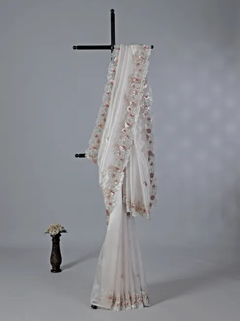 White Tissue Silk Saree with zardosi highlights
