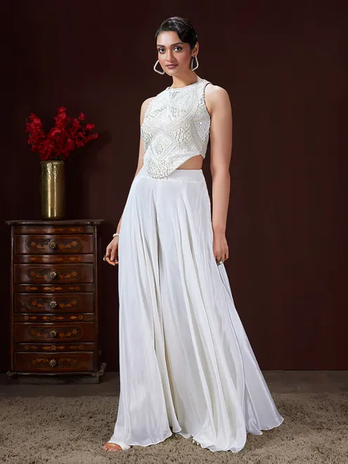 White weddig wear palazzo suit in tissue silk