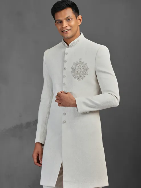 White wedding wear silk indowestern suit