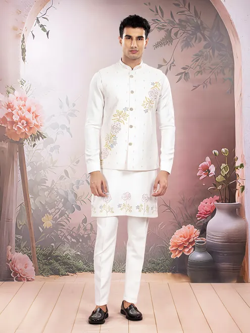 White wedding wear silk waistcoat set with print