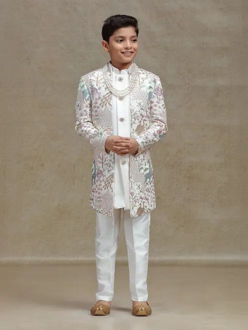 White embroidered silk indo western set
