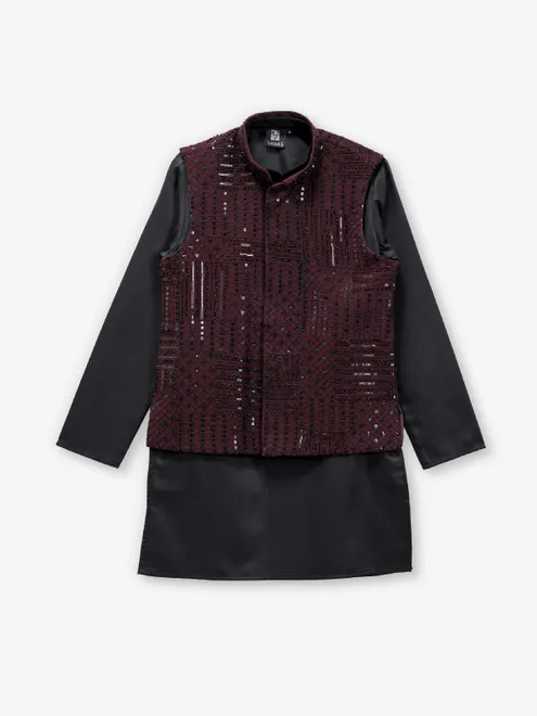 Wine and black silk waistcoat set for festive