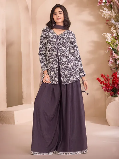 Wine chiffon full sleeve palazzo suit